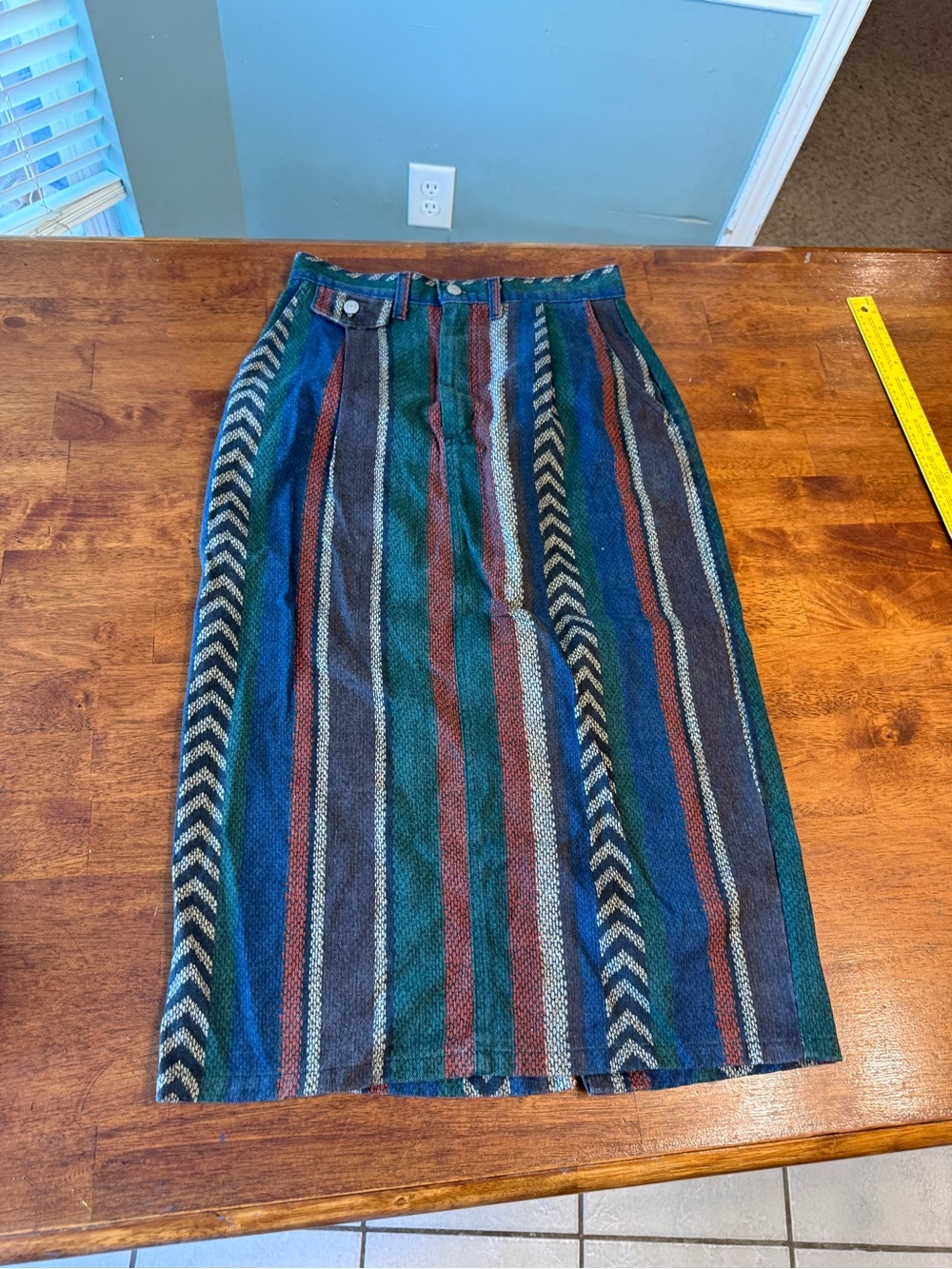VTG Vivaldi Jeanswear Striped Denim Midi Skirt Boho Southwest Aztec Size 12 USA